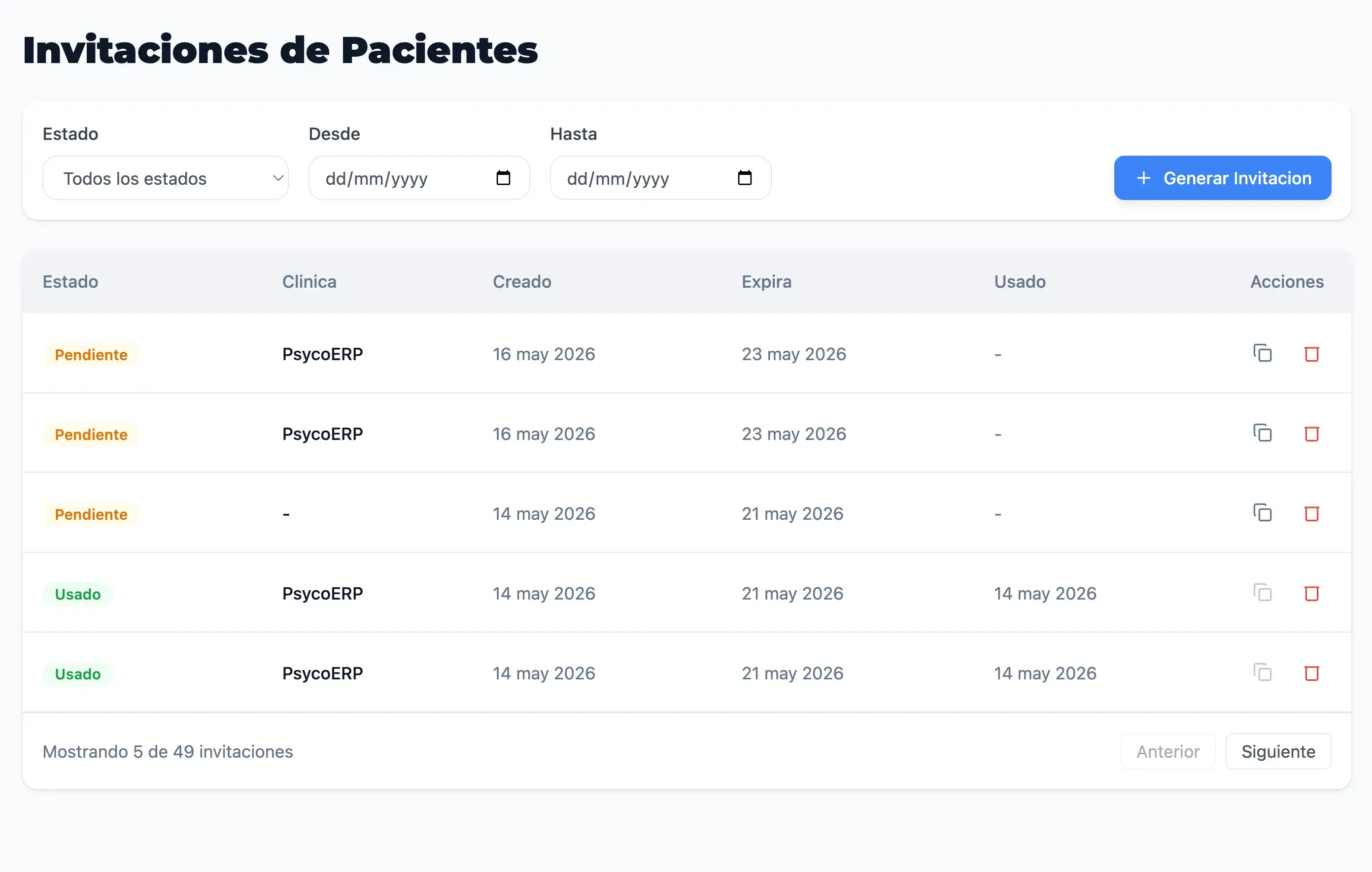 PsycoERP – Invitaciones de pacientes
